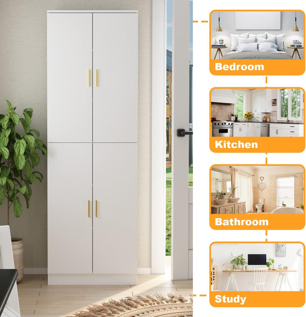 AIEGLE Kitchen Pantry Storage Cabinet with Adjustable Shelves, Kitchen Pantry with 4 Doors, Freestanding Cupboard Storage Organizer Cabinet for Kitchen Living Room, White 70.9" Tall