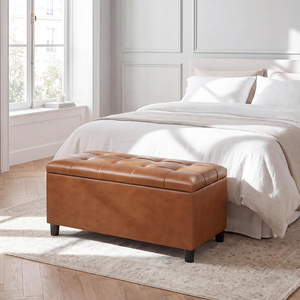 Asense Storage Ottoman Bench,Faux Leather Upholstered Ottoman with Storage,End of Bed Bench with Safety Hinge,for Entryway,Bedroom,Living Room