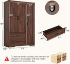 Hlivelood 3 Doors Wardrobe Armoire Closet with Doors and Drawers, Farmhouse Wooden Armoire Storage Cabinet with Shelves & Hanging Rod for Bedroom, Brown