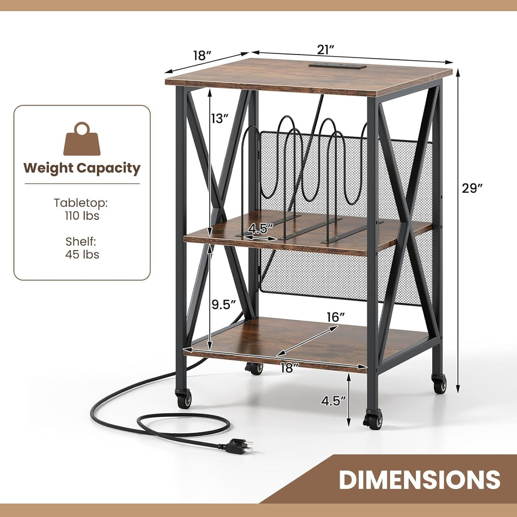 Giantex Record Player Stand with Charging Station, Turntable Stand with Record Storage & 4 Rolling Wheels, Vinyl Record Storage Table up to 250 Albums for Living Room, Bedroom (Dark Brown)