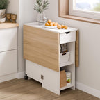 Mondeer Folding Dining Table with Drawer and Shelves, Oak & White | Drop Leaf Kitchen Table with 1 Drawer and 2 Storage Shelves in Modern Style for Small Spaces and Seats 4-6 People.