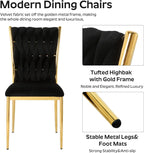 Modern Dining Chairs Set of 4, Black Velvet Woven Kitchen Chair with Golden Metal Legs, Upholstered Cushion & High Back Design, Mid-Century Dining Chairs for Kitchen, Living Room