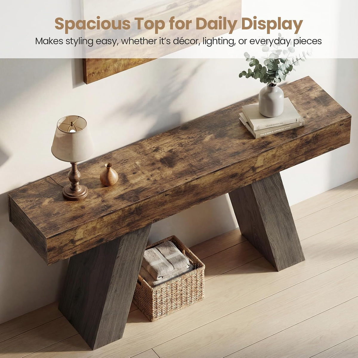 Kikihouse 63-Inch Long Console Table w/Storage Drawers, Wood Grain Sofa Table Behind Couch, for Entryway, Entrance, Hallway, Foyer, Living Room (Rustic Brown + Charcoal)