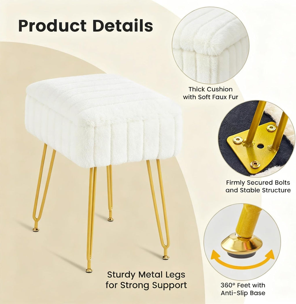 FUXA Vanity Stool Chair with Storage, Faux Fur and Metal Legs, White | Soft Padded Seat, Anti-Slip Adjustable Feet, Modern Style, Multifunctional for Bedroom and Entryway