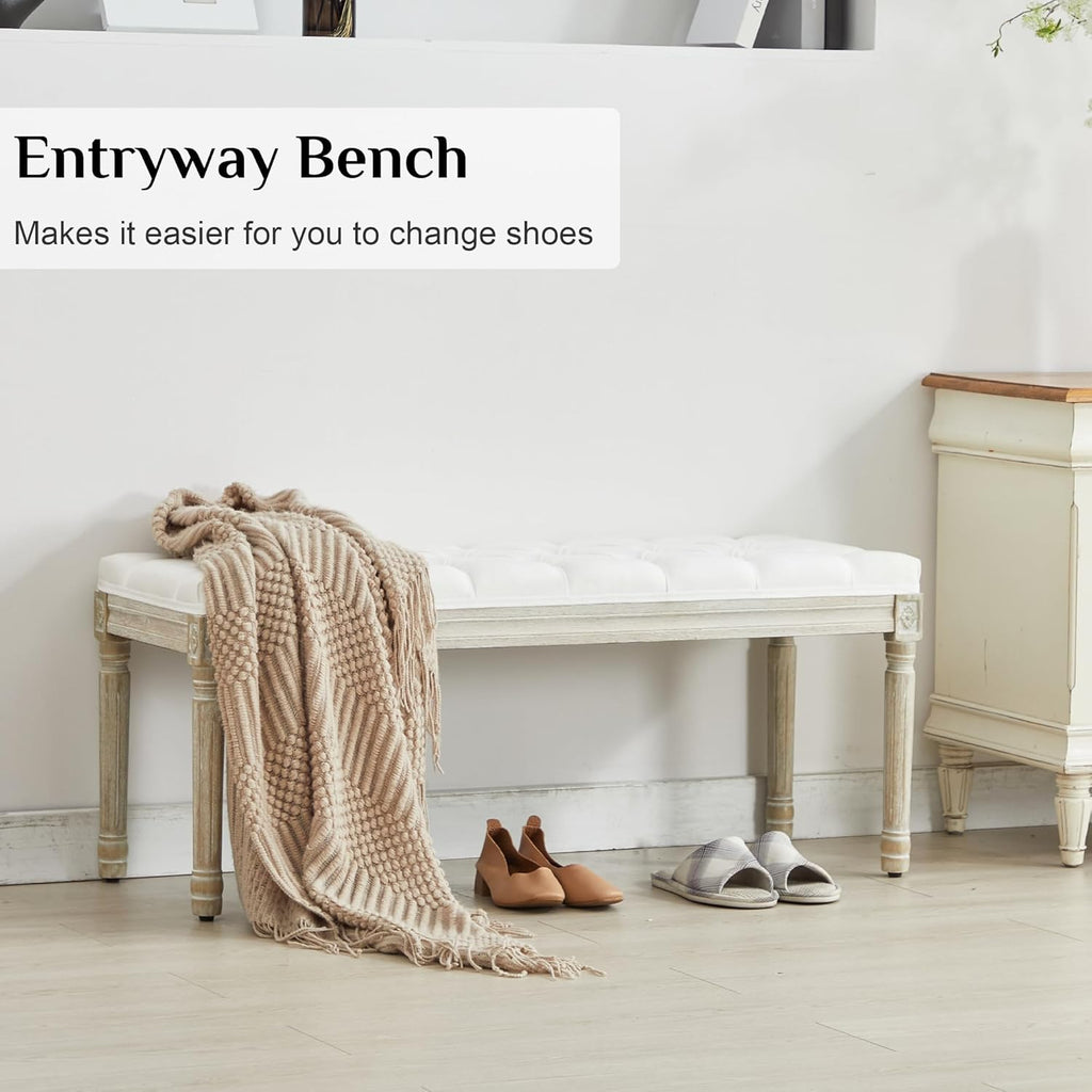 LOULENS 43.9" Linen Fabric End of Bed Bench, Vintage French Upholstered Button Tufted Entry Bench, Window Seat with Carved Wood Legs for Bedroom, Living Room, Entryway, Foyer, Hallway, White