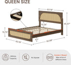 KISLOT Boho Rattan Bed Frame, Farmhouse Platform Bed Frame with Headboard and Footboard, Bedroom Furniture Solid Wood Support Mattress Foundation with Silent Slat Support No Box Spring Needed