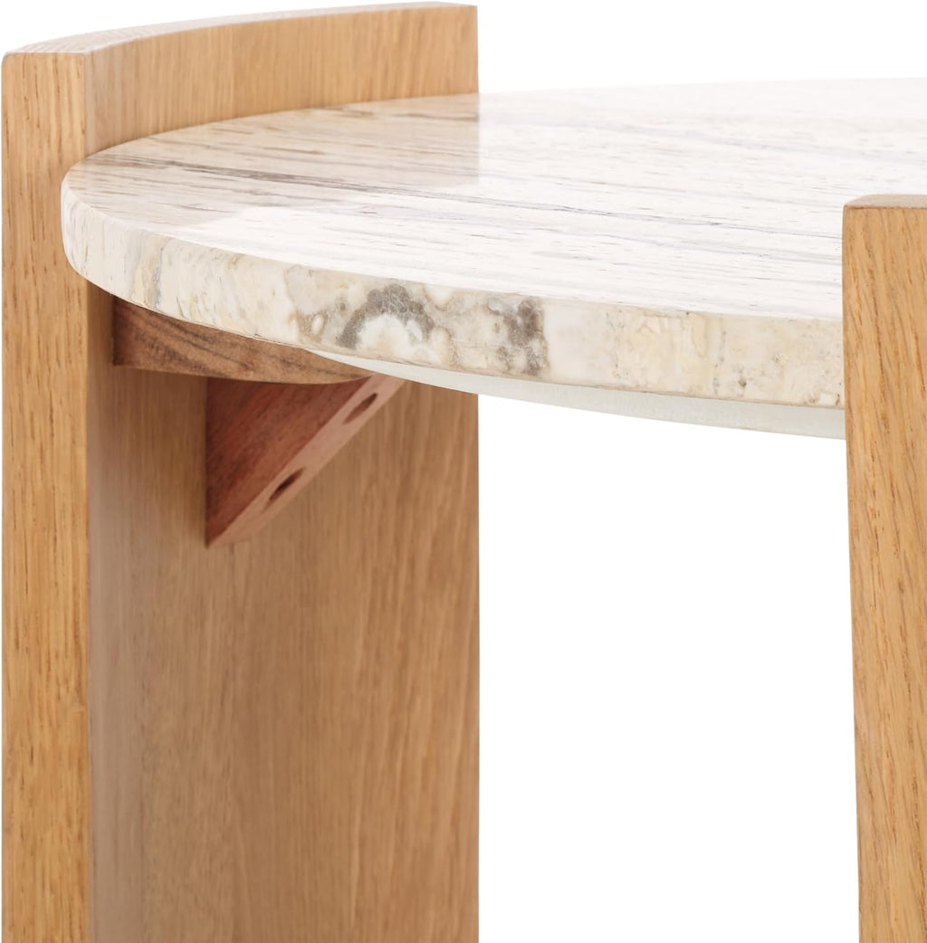 SAFAVIEH Couture Collection - Damarcus Travertine & Solid Wood Accent Table, Round Top, Classic Sculptural Design (SFV9705A)