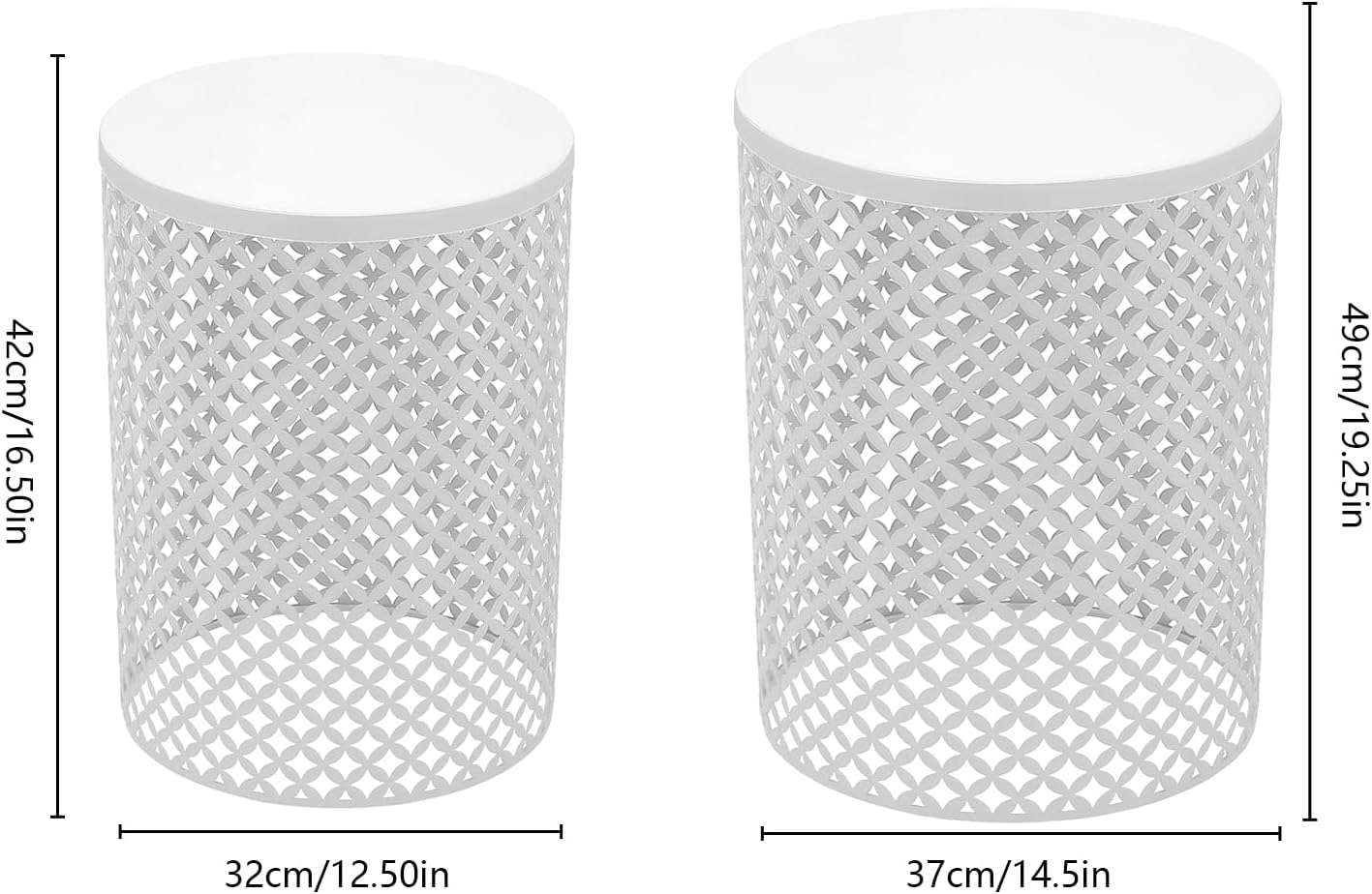 Side Table, Set of 2 Accent Table Decorative Garden Stools for Indoor Outdoor, Bedside Table End Table for Bedroom, Patio, Cafe, Bar, Garden, Nesting, White