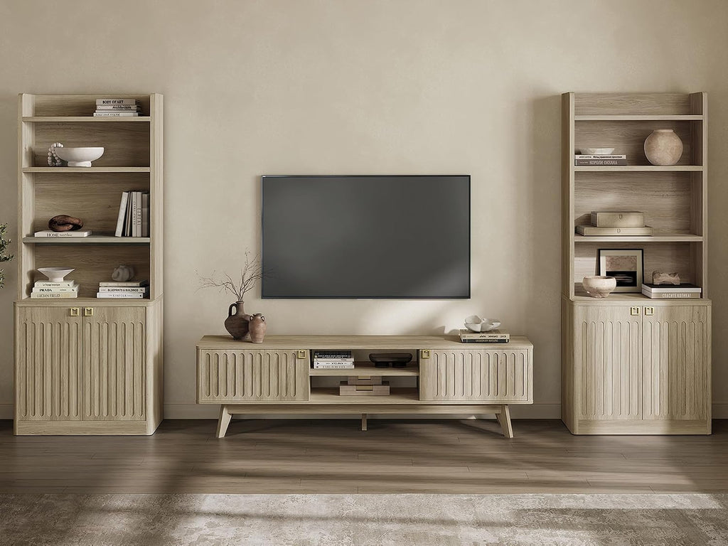 SICOTAS Fluted Modern TV Stand, 70" TV Console for Living Room | Mid Century Entertainment Center with Storage Cabinets, Media Console Table for 65/75/80 Inch TV, Light Oak
