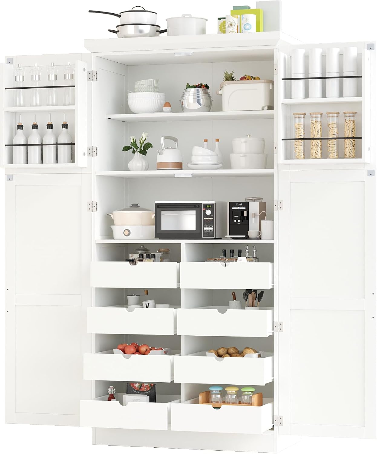 71" Kitchen Pantry Storage Cabinet, Freestanding Farmhouse Pantry Cabinet with 4 Doors, 2 Door Shelves, 8 Pull-Out Trays and Adjustable Shelf for Kitchen, Dining Room (White)