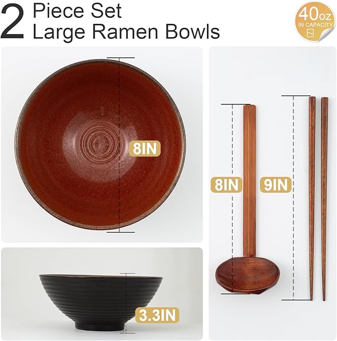 8 Inch Ceramic Ramen Bowl Set of 2, 40oz Japanese Bowls with Spoons & Chopsticks,Durable,Microwave & Dishwasher Safe,Perfect for Ramen,Pho,Salad,Soup,Noodles，Mixing bowls（Carnelian）