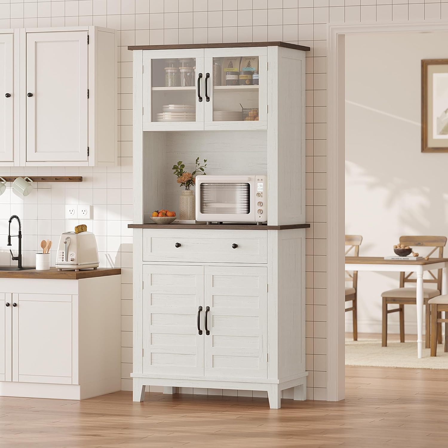 GAOMON Elegant 72" White Pantry Coffee Bar Cabinet – Tall Kitchen Storage with Adjustable Shelves, 4 Glass Doors & 1 Drawer – Multi-Functional Hutch for Dining Room & Kitchen, White