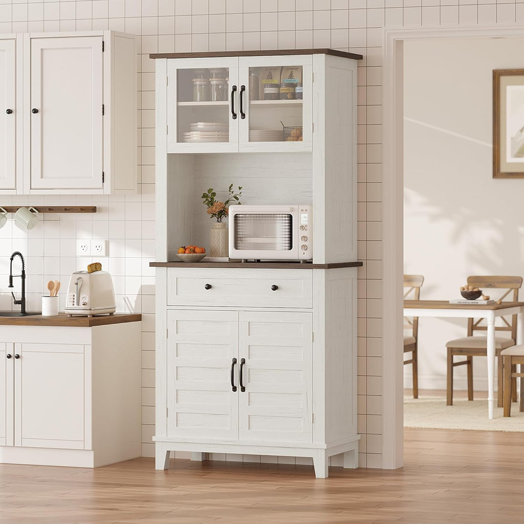 IDEALHOUSE Modern 72-Inch Freestanding Pantry Cabinet – Buffet Hutch with Adjustable Shelves, Large Drawer, Glass & Wooden Doors, Open Storage – Brown & White Contrast – Perfect for Dining Room,