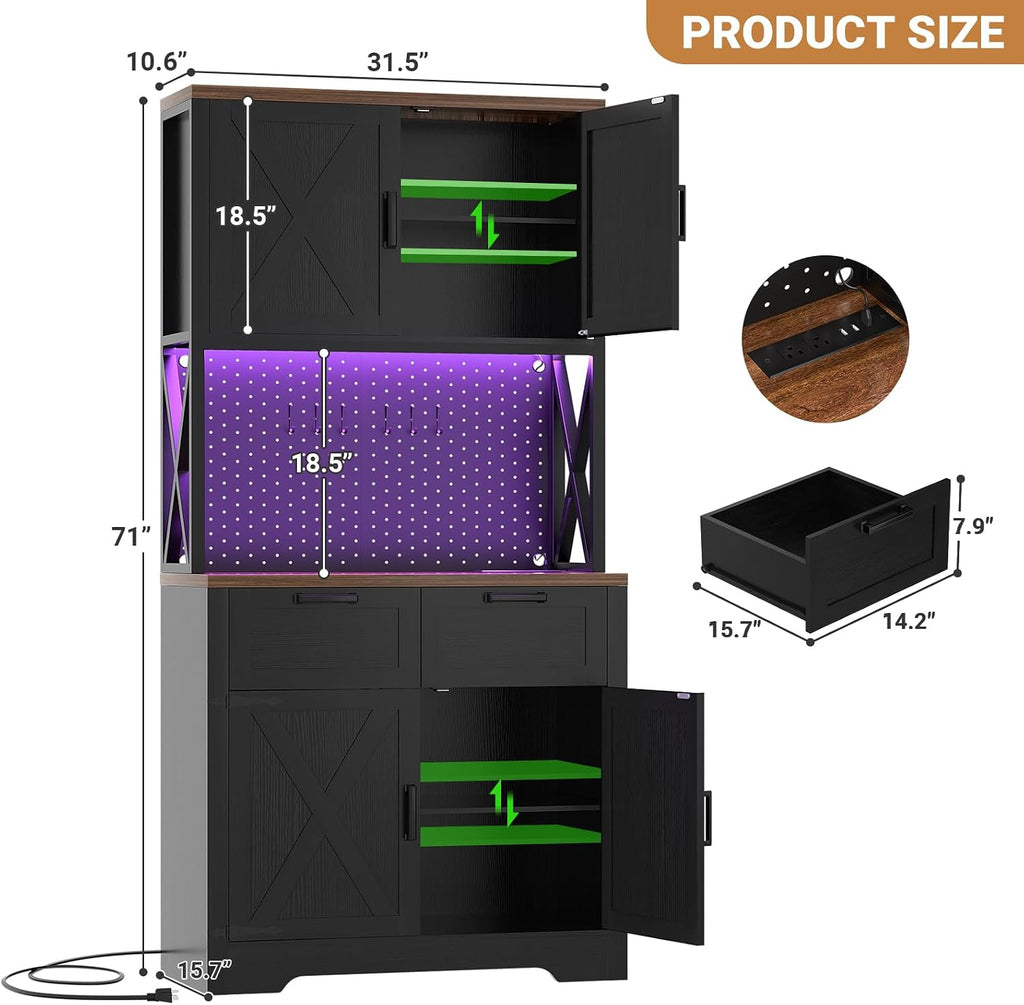 Unikito Pantry Cabinet with Microwave Countertop, 71" Tall Kitchen Pantry Storage Cabinet with Charging Station & LED Lights, Freestanding Kitchen Hutch with Drawers& Pegboard for Dining Room, Black