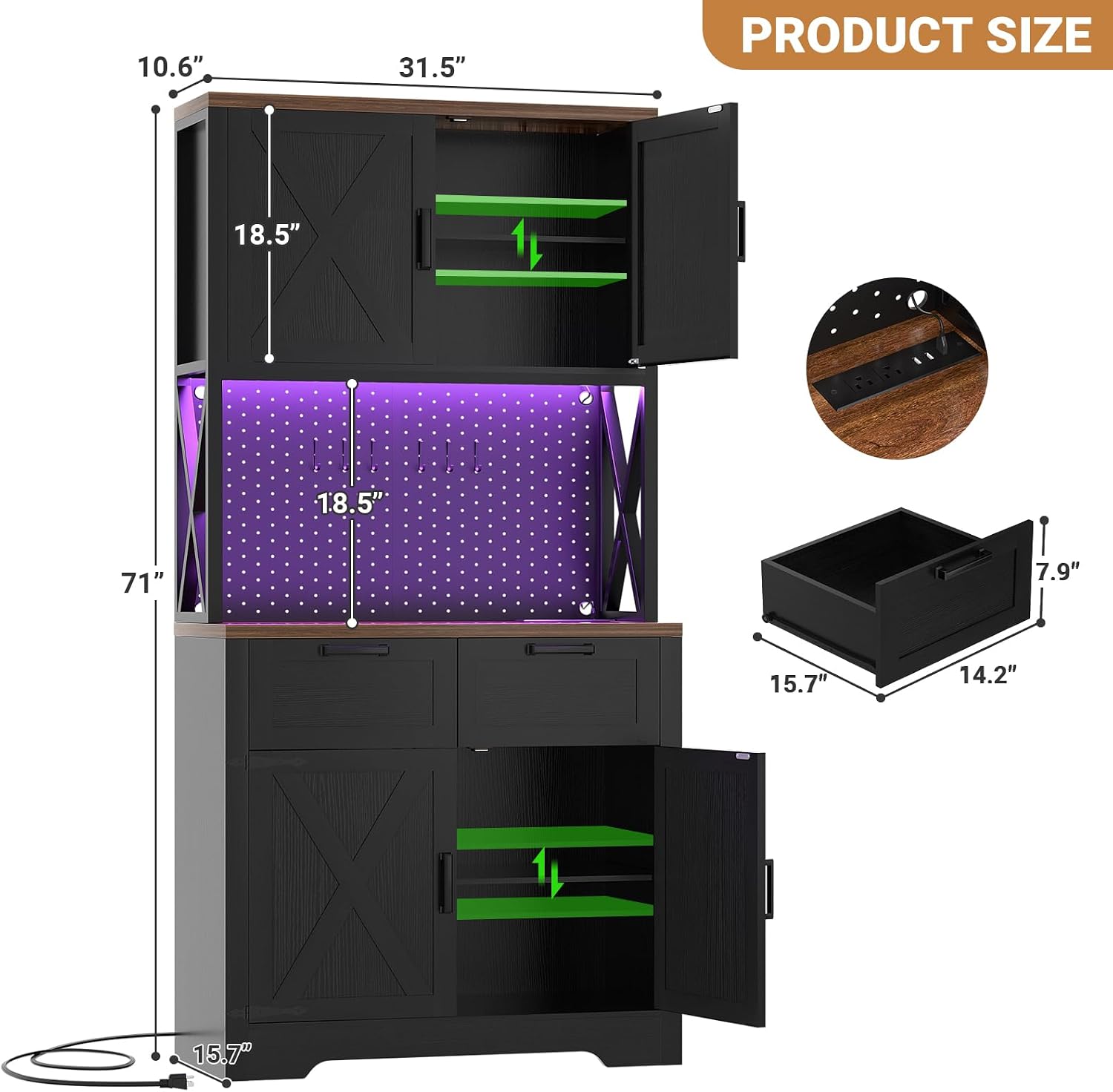 Unikito Pantry Cabinet with Microwave Countertop, 71" Tall Kitchen Pantry Storage Cabinet with Charging Station & LED Lights, Freestanding Kitchen Hutch with Drawers& Pegboard for Dining Room, Black