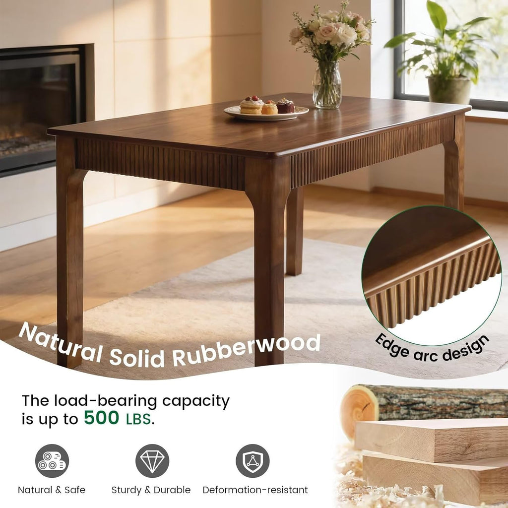 55" Solid Wood Dining Room Table for 4-6,Modern Farmhouse Rectangular Kitchen Real Wooden Table,Mid Century Fluted Design Large Furniture Desk for Home,Apartment,Living Room Walnut