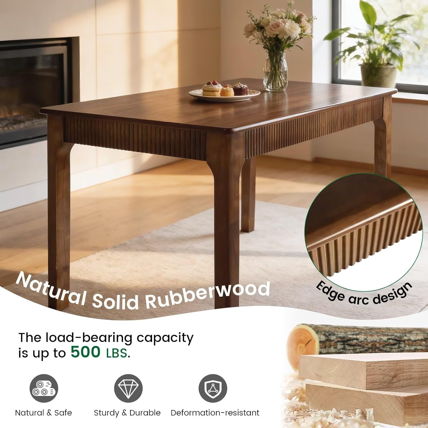 31.5" Solid Wood Dining Room Table for 2,Modern Farmhouse Rectangular Kitchen Real Wooden Table,Mid Century Fluted Design Furniture Desk for Home,Small Space,Apartment,Living Room Walnut