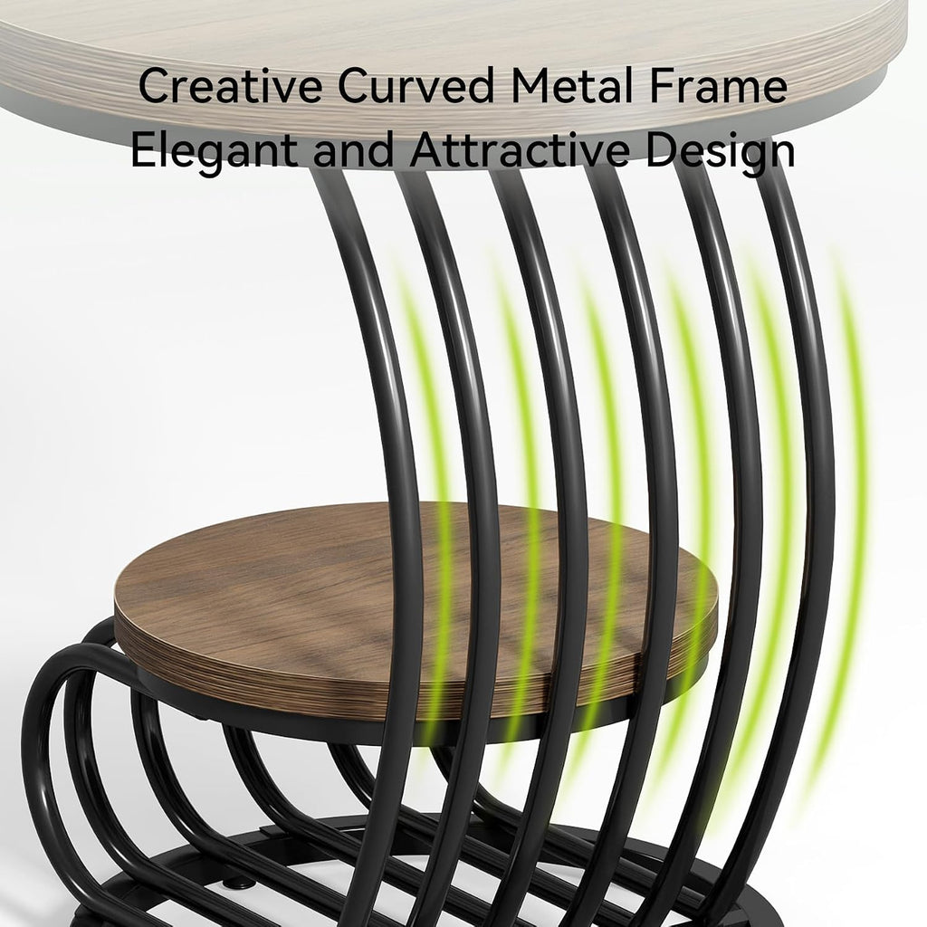 LITTLE TREE Round Side Table, Wood End Table with 2-Tier Storage Shelf, Accent Coffee Table, Curved Metal Frame End Table for Small Spaces, Living Room, Bedroom, Light Brown + Black