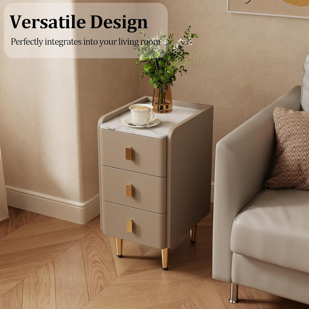 AQIMUELE Narrow Nightstand with Drawers, Narrow Side Table Leather, Small Bedside Tables for Bedroom. (Beige)