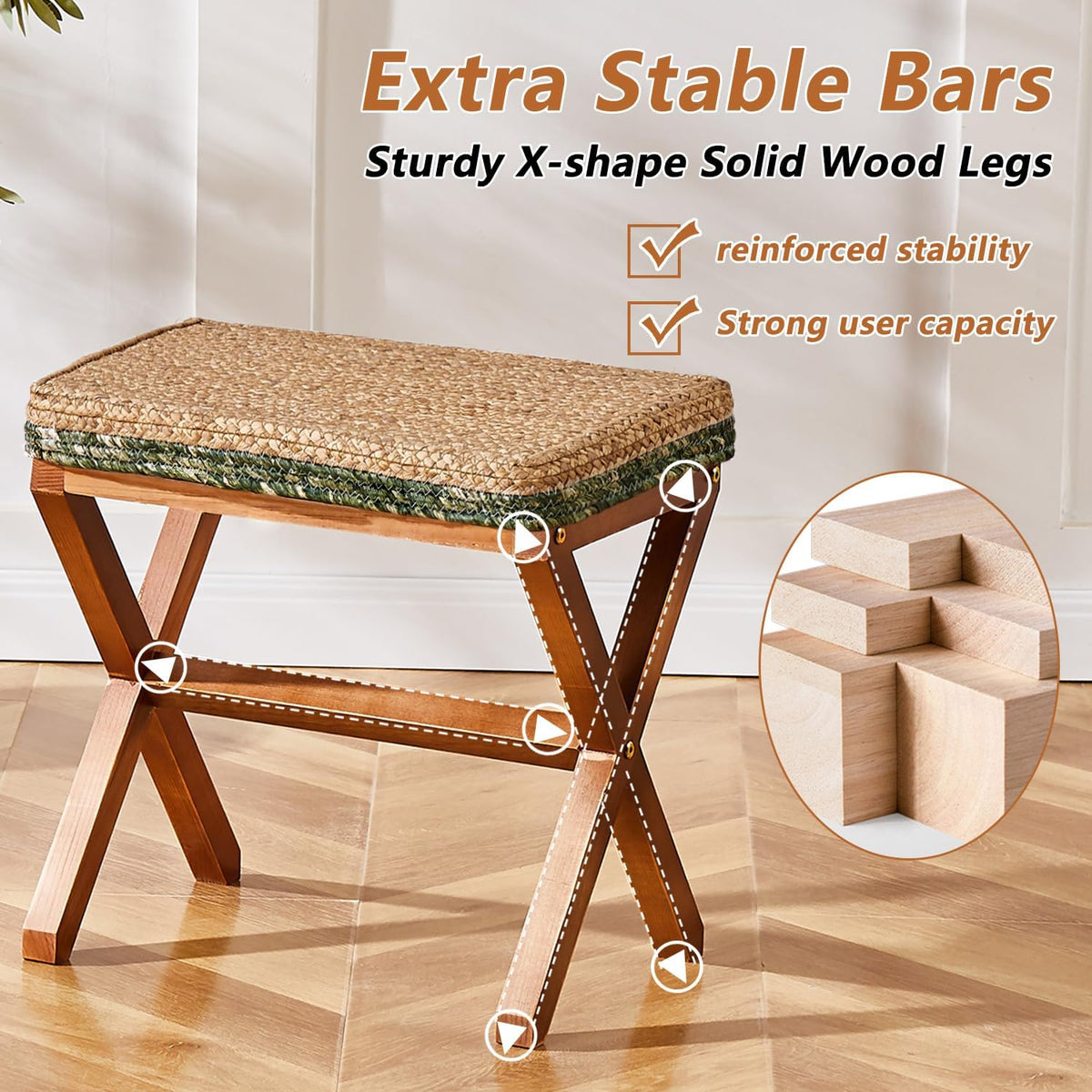 Natural Seagrass Ottoman Footstool with Solid Wood Legs – Handwoven Rectangular Foot Rest for Living Room, Patio & Balcony
