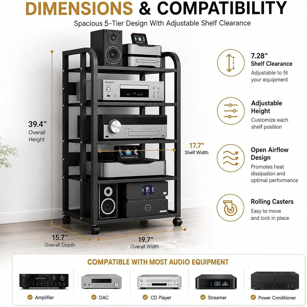 5 Tier Av Media Stand with Wheels, 39in Adjustable Audio Rack | Modern Stereo Cabinet Receiver Console Shelf, Audio Component Rack for Home/Office/Theater, Black