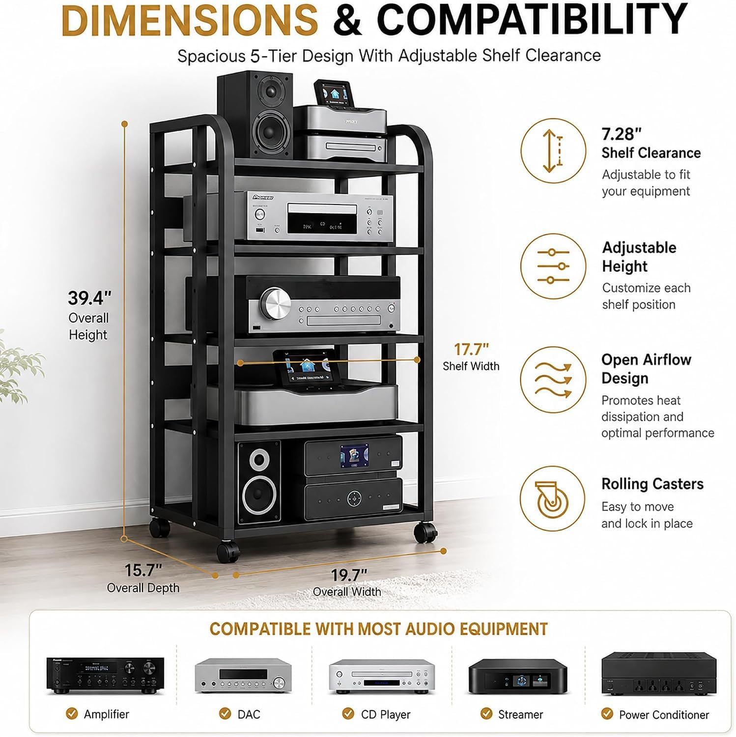 5 Tier Av Media Stand with Wheels, 39in Adjustable Audio Rack | Modern Stereo Cabinet Receiver Console Shelf, Audio Component Rack for Home/Office/Theater, Black