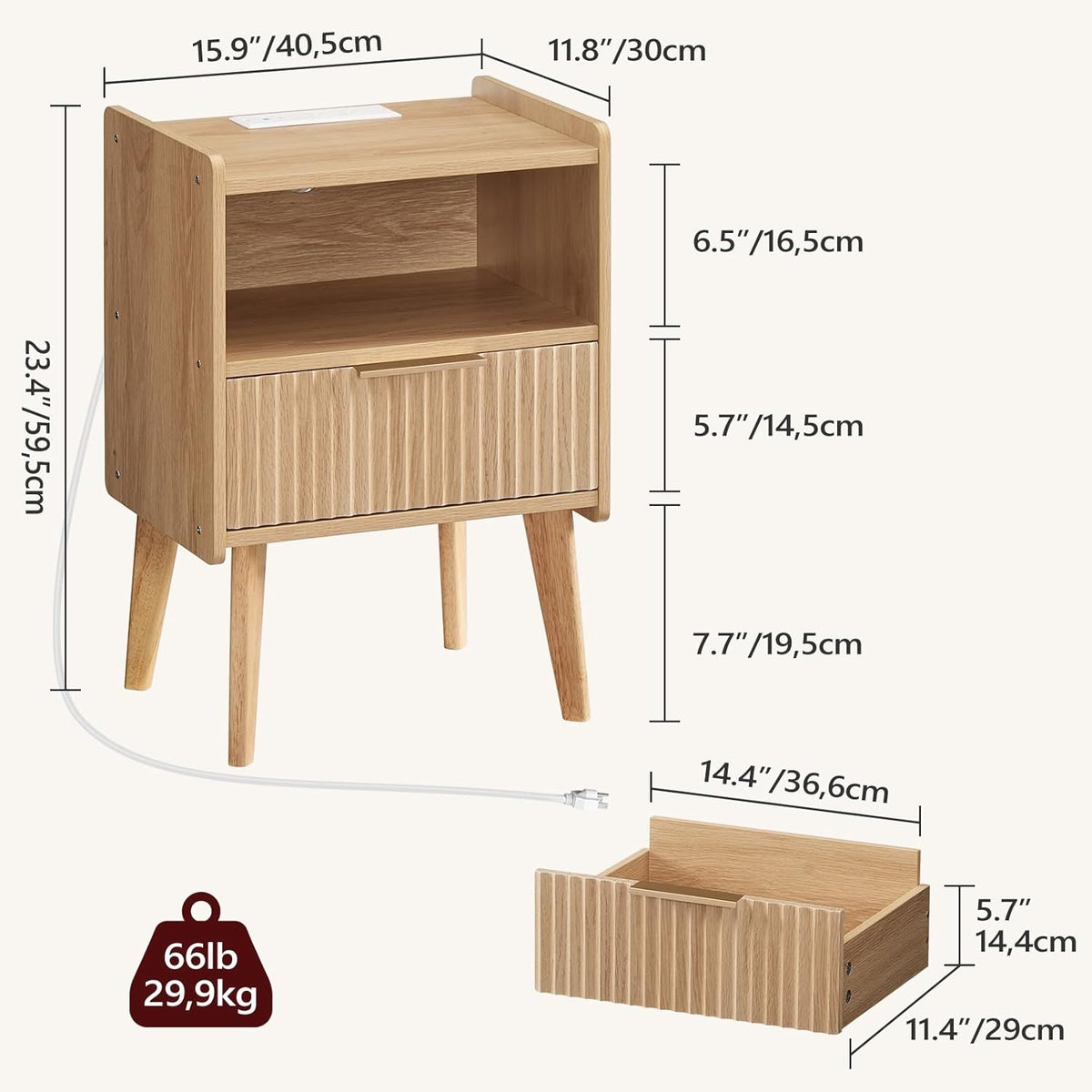 MAHANCRIS Natural Nightstand with Charging Station, Modern Bedside Table with Drawer and Storage Shelf, End Side Table with Solid Wood Legs, Night Stand, Living Room, Bedroom, Small Space, ETNA61E01