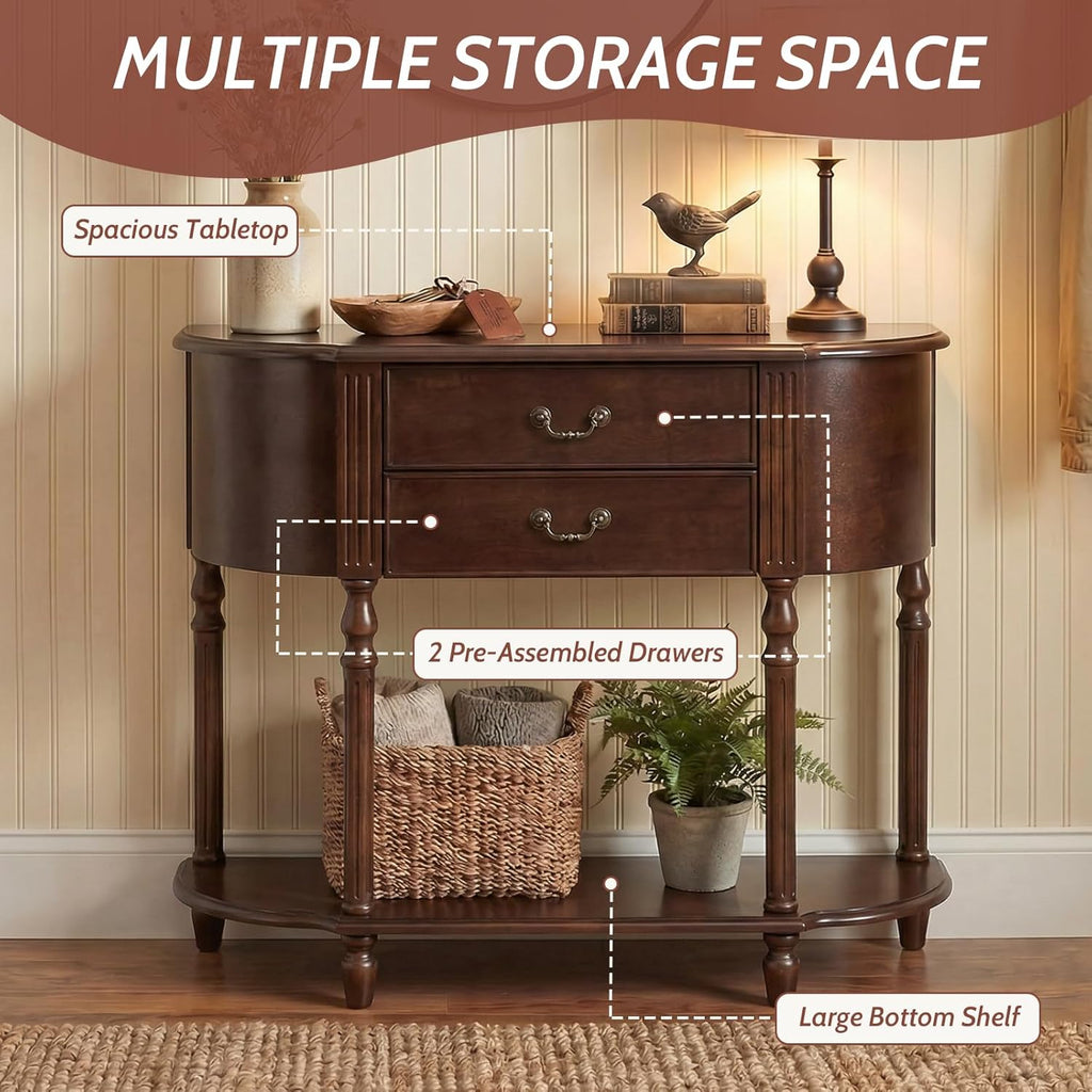 LKTART 43.3" Solid Wood Vintage Curved Console Table, Half Moon Sofa Table Entryway Table with 2 Drawers and Open Shelves Rubber Wood Legs for Living Room Hallway Entryway, Walnut