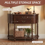 LKTART 43.3" Solid Wood Vintage Curved Console Table, Half Moon Sofa Table Entryway Table with 2 Drawers and Open Shelves Rubber Wood Legs for Living Room Hallway Entryway, Walnut
