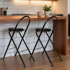 CroBlissful 2 Pcs 24 Inch Folding Bar Stool with Backrest, Leather Padded Folding Stools for Adults up to 350lbs, Collapsible Round Counter Height Stool Chair for Camping Kitchen Shop Cafe (Black)