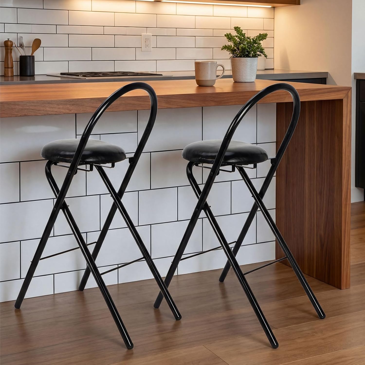CroBlissful 2 Pcs 24 Inch Folding Bar Stool with Backrest, Leather Padded Folding Stools for Adults up to 350lbs, Collapsible Round Counter Height Stool Chair for Camping Kitchen Shop Cafe (Black)