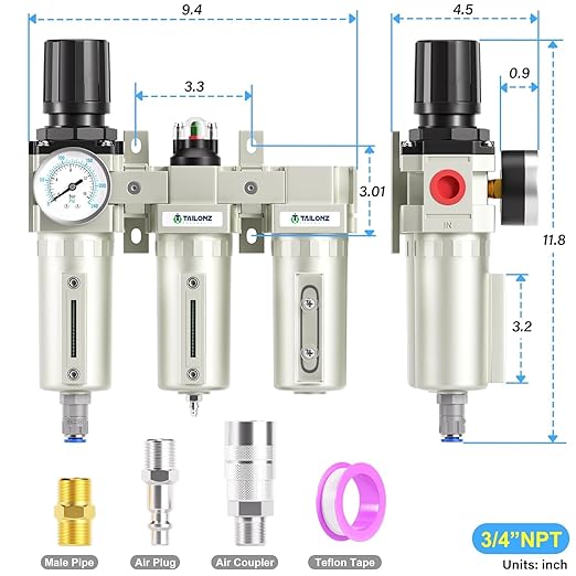 TAILONZ PNEUMATIC 0-240PSI 3/4" NPT Industrial 3-Stage Air Dryer System – Particulate Filter, Coalescing Filter, Desiccant Dryer & Regulator (Auto Drain)