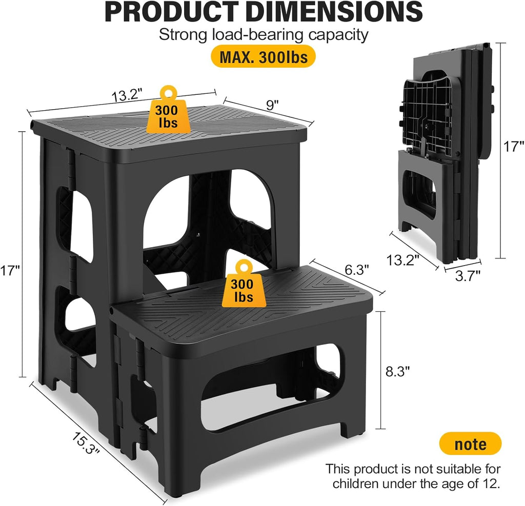Folding 2-Step Stool for Adults, Non-Slip Collapsible Footstool for Office | Portable Bedside Step Stool, Hold up to 300 lbs, Lightweight & Foldable Step Ladder for Pool Office Home RV