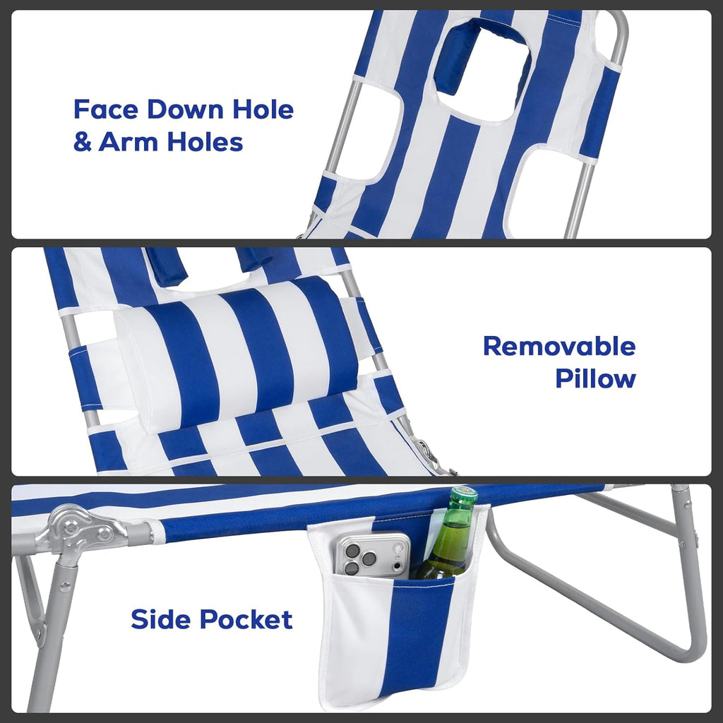 Romswi 2PK Folding Tanning Beach Chair with Face Hole, 5-Position Reclining Sun Lounger, Portable Face Down Tanning Chair with Arm Holes & Side Pocket for Beach, Pool, Patio, Navy and White Stripe