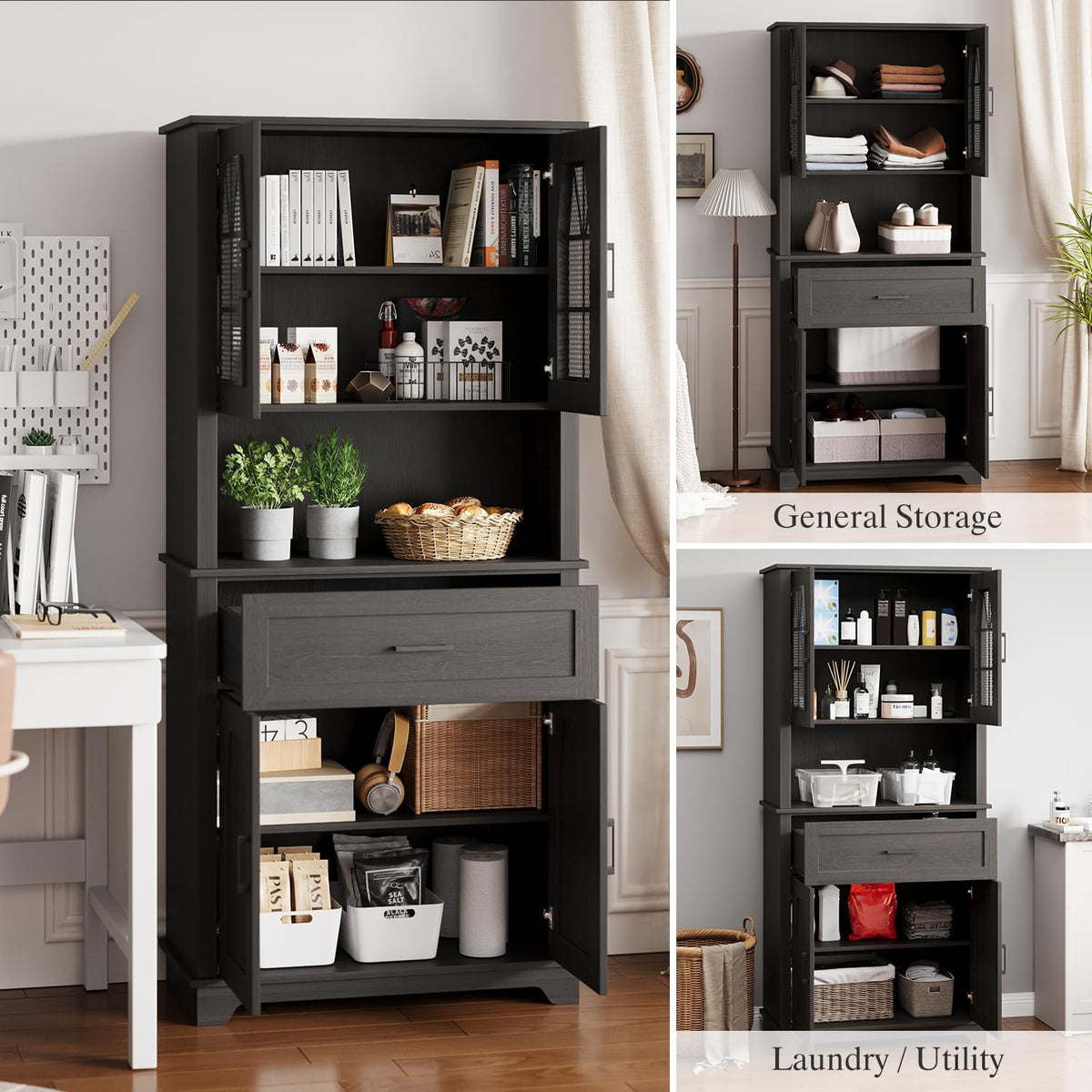 Kitchen Pantry Storage Cabinet with Doors and Shelves, Industrial Pantry Storage with Iron Mesh Doors for Kitchen Dining Room, Living Room, Black
