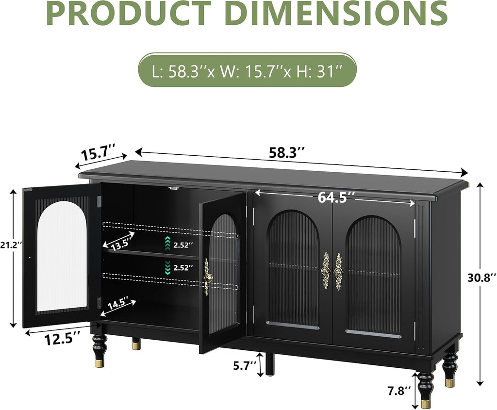 iPormis Fluted Arched Buffet Cabinet with Storage, 59" Modern Sideboard with Glass Door & Adjustable Shelves, Mid Century Modern Solid Wood Credenza Accent Cabinet for Living Room, Entryway, Black