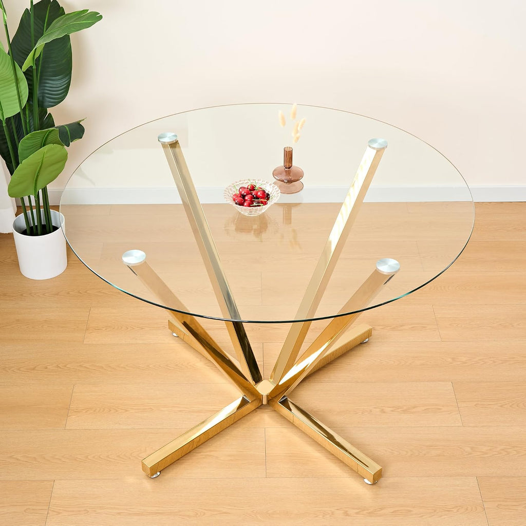 HomVent Round Dining Table, 45.2" Glass Dining Room Table for 4-6, Glass Kitchen Table with Gold Metal Legs for Apartment Home Kitchen Living Room