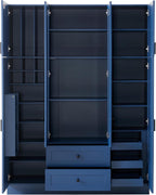 Modern Pantry Storage Cabinet with Adjustable Shelves and Drawers, 6 Doors Wood Cupboard with Pull-Out Trays and Wine Rack for Dining Room, Kitchen (Blue)