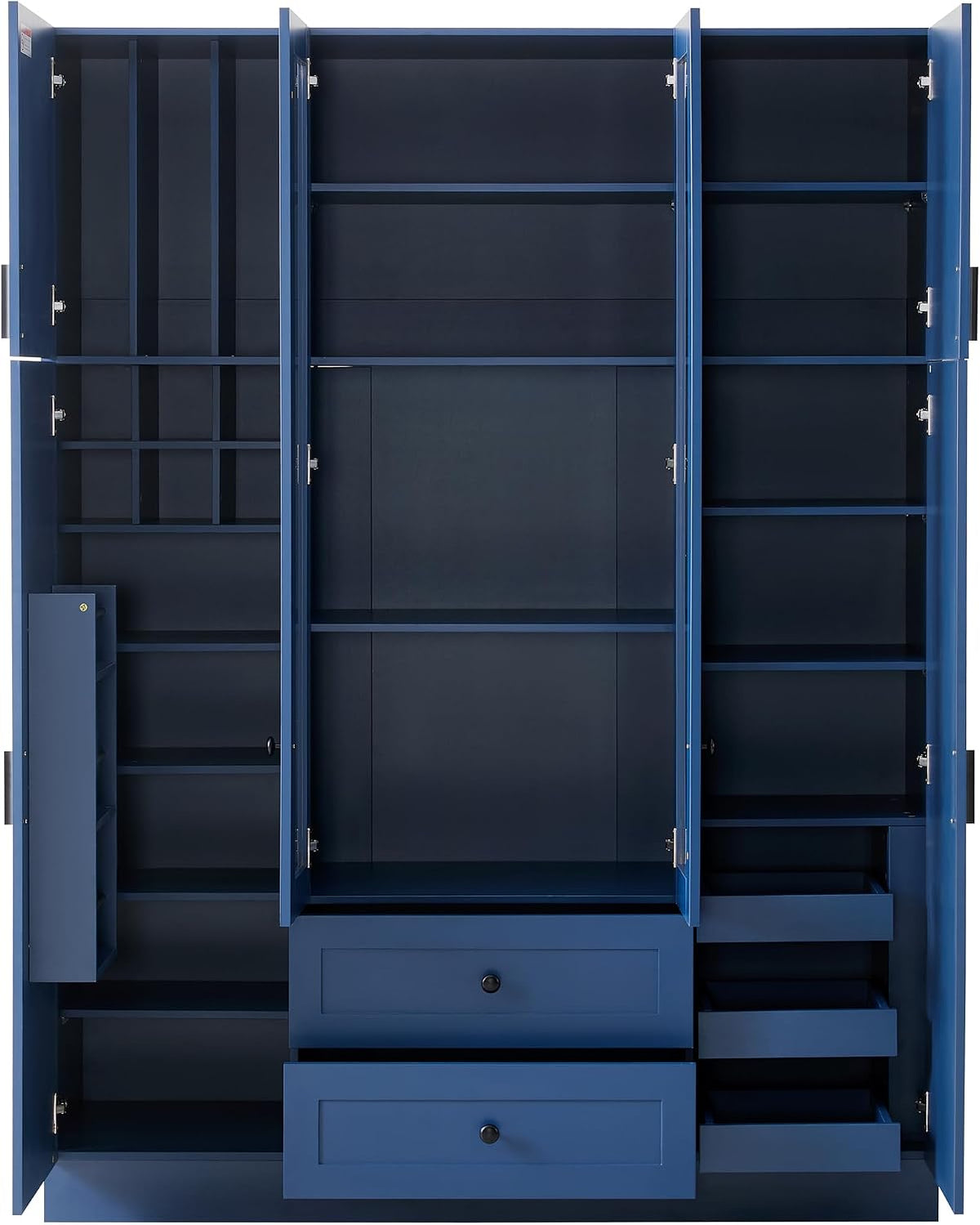Modern Pantry Storage Cabinet with Adjustable Shelves and Drawers, 6 Doors Wood Cupboard with Pull-Out Trays and Wine Rack for Dining Room, Kitchen (Blue)