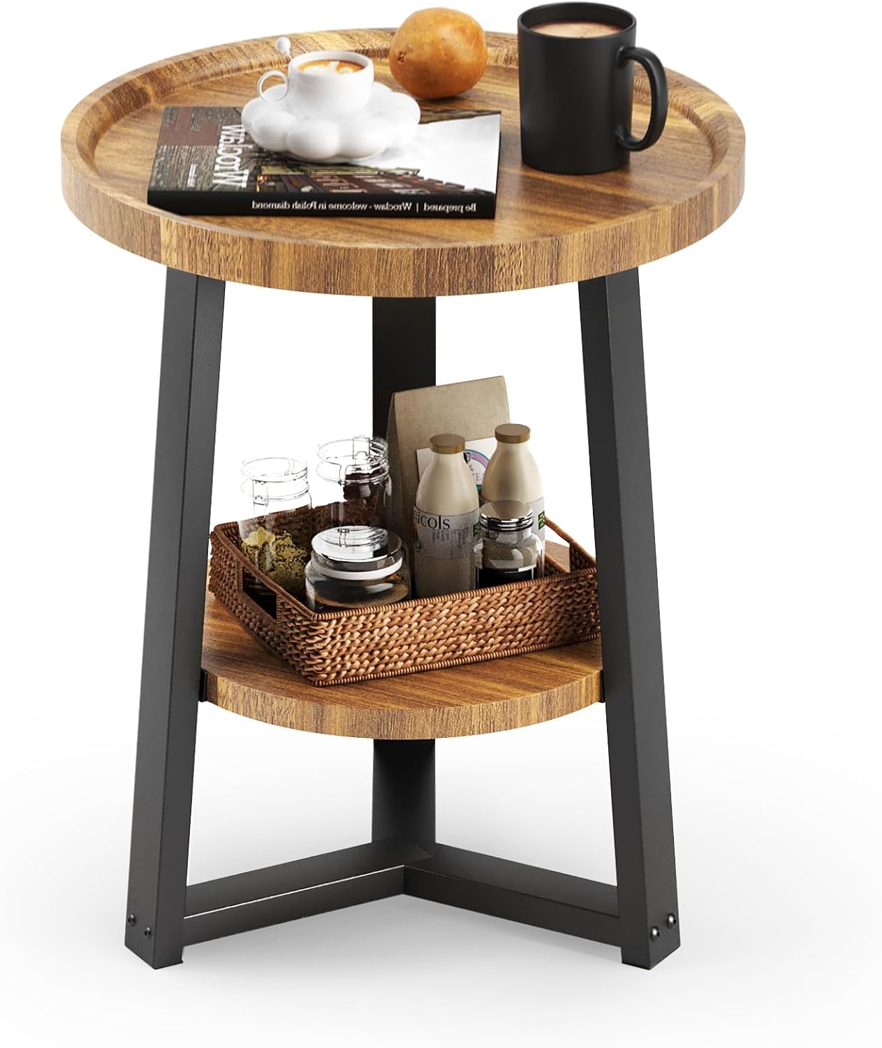PPAMAPIC Round End Table, 2 Tier Side Table with Storage Shelf, Nightstand Accent Table for Living Room Bedroom Small Space, Black Metal Frame, 15.7" D x 19.7" H, Rustic Brown