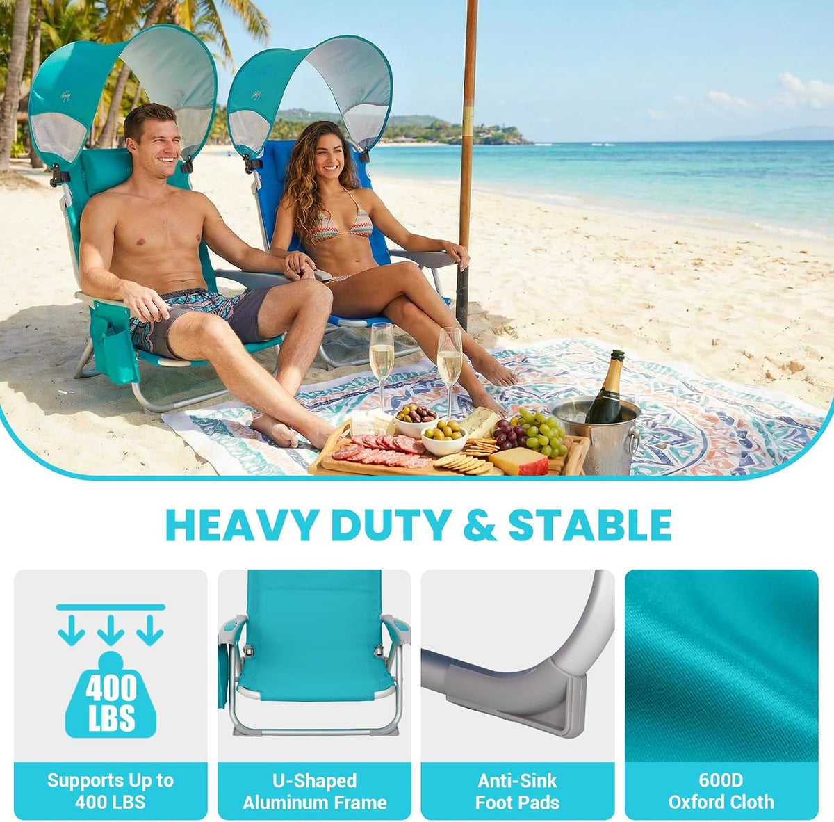 #WEJOY Beach Chair with Canopy Shade, Reclining Adjustable 4 Position, Lay Flat Lightweight Folding Portable Aluminum Chair with Backpack Straps,Padded headrest, Heavy Duty 400lbs Lawn Chair for Beach