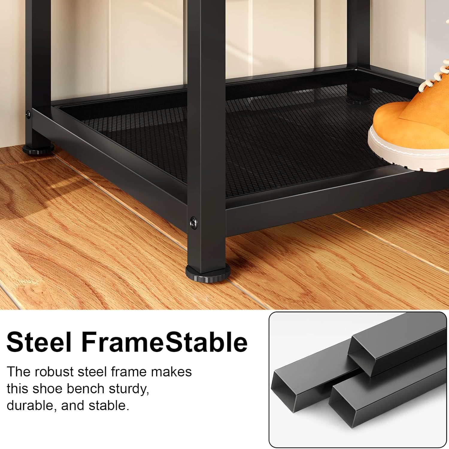 DreamDashio Set of 2 Small Shoe Storage Benches with PU Leather Cushion, 3-Tier Shoe Rack Organizer for Entryway, Metal Mesh Shelves, Holds Up to 300 lbs, Black (31.5"x11.4"x17.5")