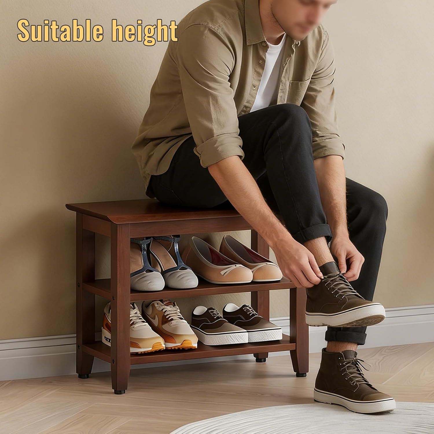 Wood Shoe Bench for Entryway,Bench with Shoe Rack,Storage Shoe Organizer for Hallway,Living Room,Bedroom (Brown, 23.62''W×11.81‘’D×17.71‘’H)