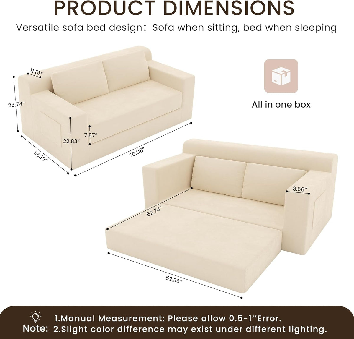 GRUSIGN 71" Loveseat Couch,Chenille Pullout Futon Couch,4 in 1 Folding 3 Seater Sofa Bed for Living Room, Cloud Couch with Storage Pocket & 2 Pillows,Beige