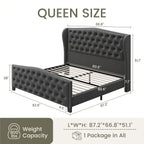 LARMACE Queen Size Bed Frame Velvet Upholstered Platform Bed with Wingback Headboard & Footbaord, Deep Button Tufted Bed Frame with Wood Slats Support, No Box Spring Needed, Grey