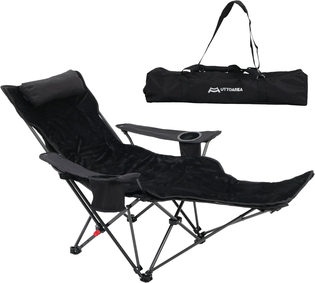 Portable Reclining Camping/Lounge Chair for Outdoor (1, Black) | Soft Cushion, 4-Position Backrest, Removable Footrest, Cup Holder & Versatile Carry Bag