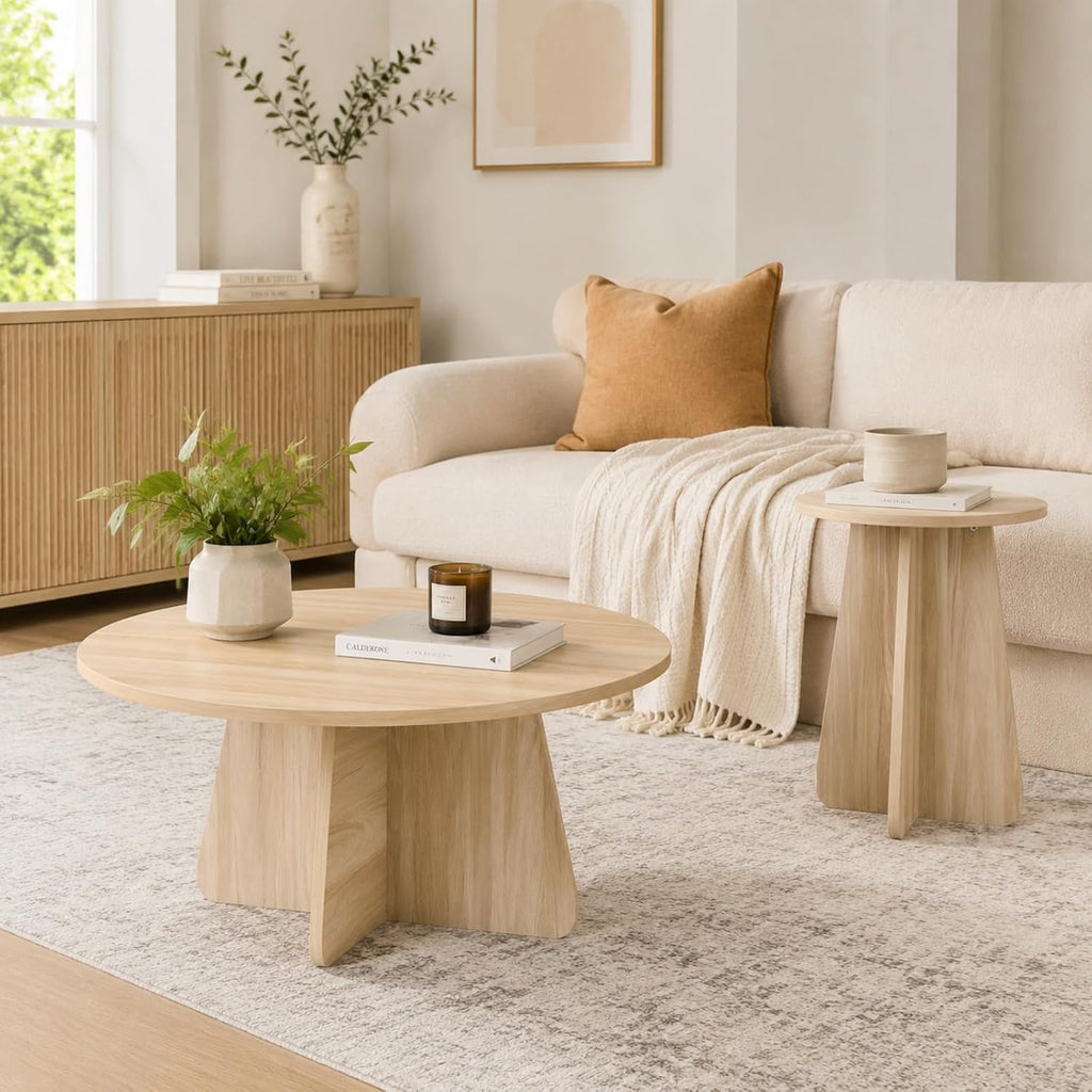 Round Wooden Coffee & Side Tables with Tapered Base, Wood | Nesting Coffee Table Set of 2, Modern Accent Furniture for Living Room Bedroom, Space-Saving Design