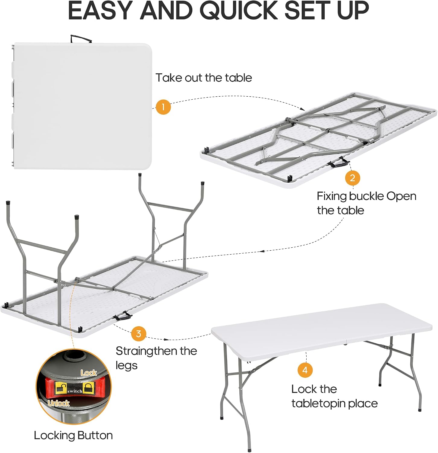 6ft Folding Table Heavy Duty 350 LBS Capacity Foldable Table with 18% Thicker HDPE Waterproof Top & Reinforced Steel Frame, Portable Fold-in-Half Table for Outdoor Indoor Party Wedding Camping