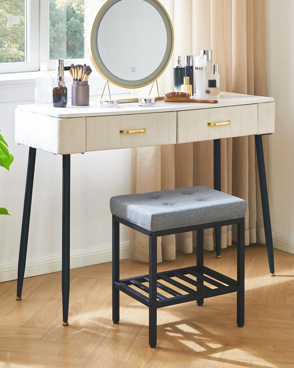 IBUYKE Rectangular Makeup Stool with Adjustable Feet and Storage Space, Footrest Chair, Linen Seat Vanity Stool, Multi-Use as Small Side Table or Ottoman, for Bedroom, Blue Gray WBD017L