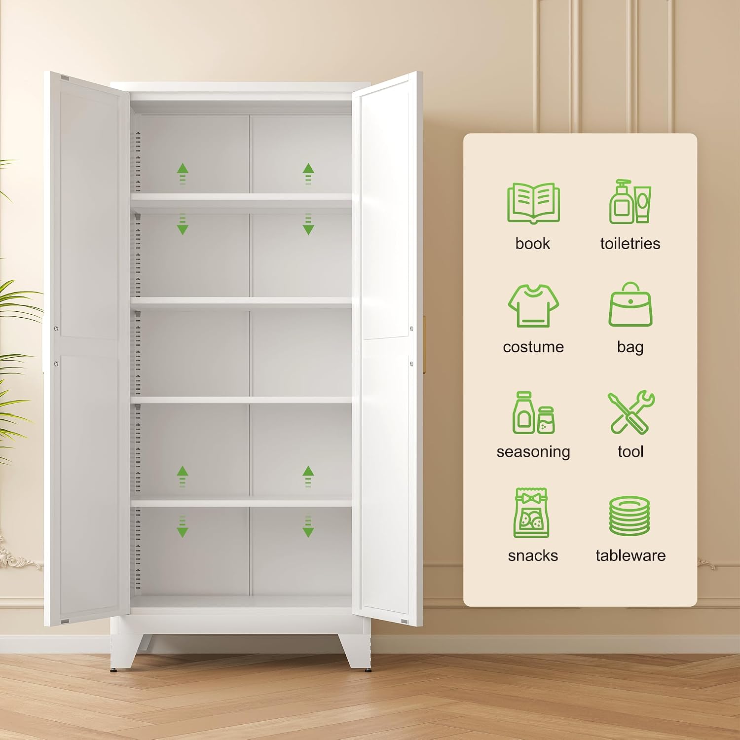 Washsemba 71'' Farmhouse Metal Storage Cabinet with Barn Doors,Steel File Cabinet for Home Office,Kitchen Pantry 4 Adjustable Shelves,Freestanding Cupboard for Kitchen,for Home Office,School (White)